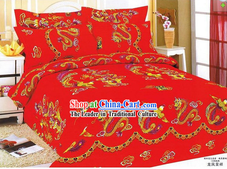 Chinese Stunning Cotton Wedding Bed Sheet Set_Four Pieces_- Dragons