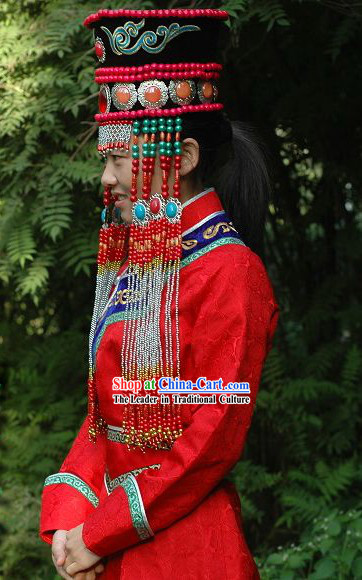 Chinese Classical Lucky Red Mongolian Wedding Dress and Hat for Bride