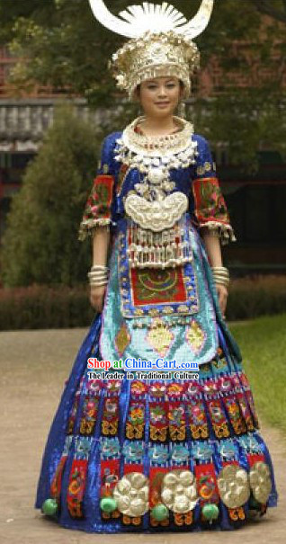 China Miao Ethnic Clothing and Silver Hat Complete Set