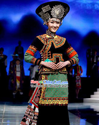 Chinese Traditional Yi Minority Ethnic Dance Costumes and Hat Complete Set