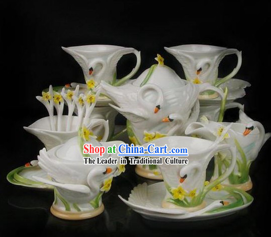 Chinese Classical Ceramic Swan Coffe Cups 21 Pieces Set