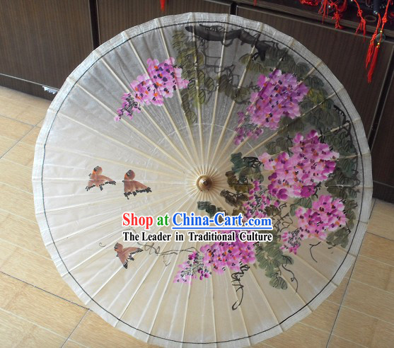 Chinese Painted Flower Bird Painting Umbrella