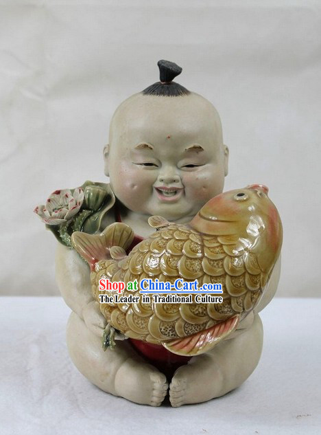 Feng Shui Fish and Chinese Baby Shiwan Ceramic Figurine