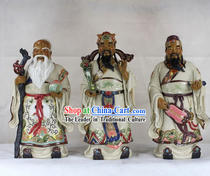 Chinese Three Stars Shiwan Ceramic Sculpture Figurine