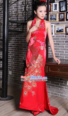 Lucky Red Chinese Wedding Phoenix Evening Dress