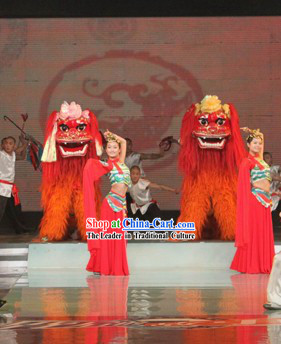 Red Face Long Yak Fur Northern Lion Dance Costume Complete Set