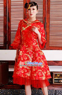 Traditional Chinese Red Long Sleeve Phoenix Wedding Skirt