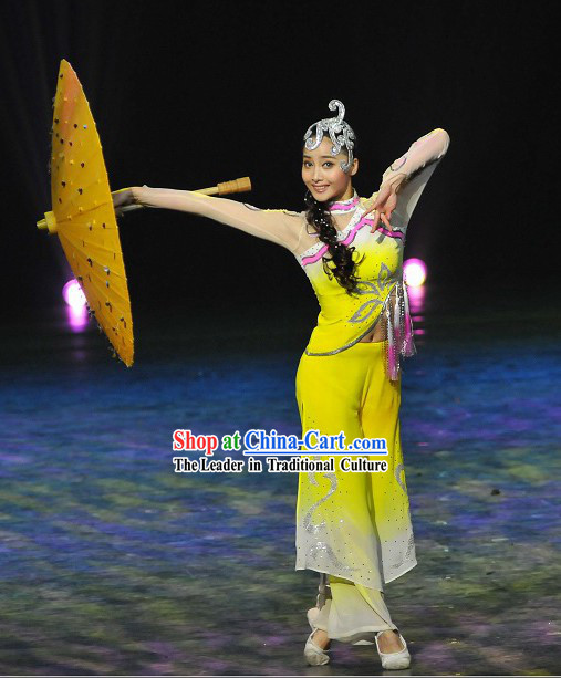 Chinese Umbrella Dance Costume and Hair Decoration Set