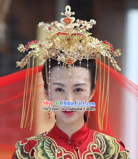 Chinese Golden Wedding Phoenix Crown _ Traditional Wedding Hat _ Ancient Wedding Hat