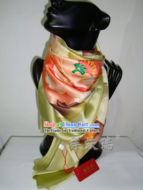 Chinese Beijing Rui Fu Xiang Silk Peony Scarf