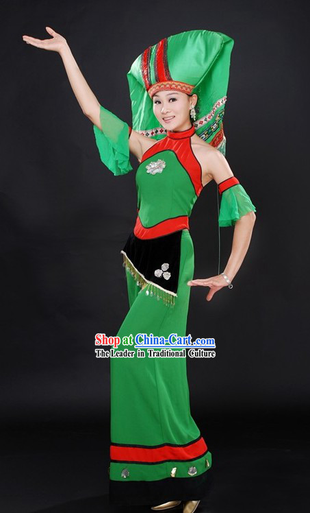 Green Chinese Ethnic Zhuang Clothing and Hat for Women