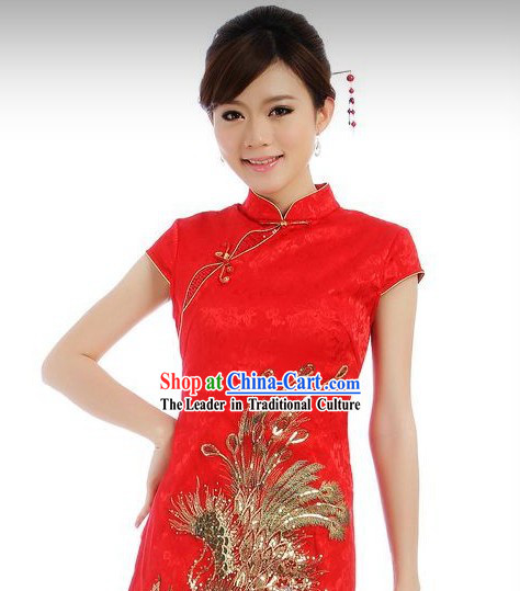 Chinese Red Phoenix Short Cheongsam