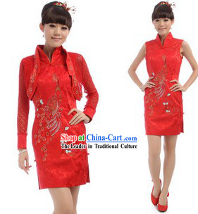 Chinese Classical Red Golden Flower Cheongsam Set