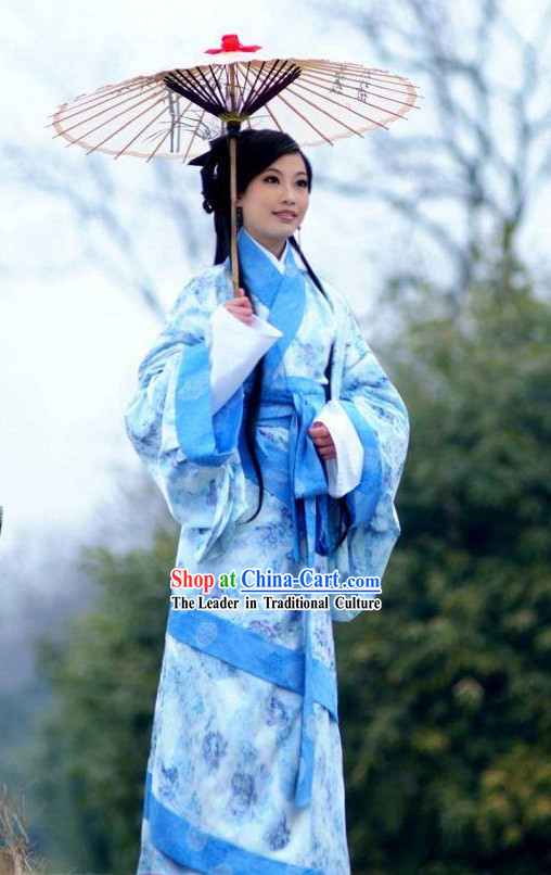 Ancient Chinese Han Dyansty Female Clothing and Umbrella Set