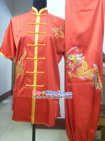 Chinese Red Silk Dragon Kung Fu Practice Uniform