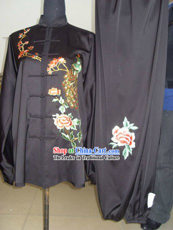 Chinese Silk Black Peacock Wushu Clothing