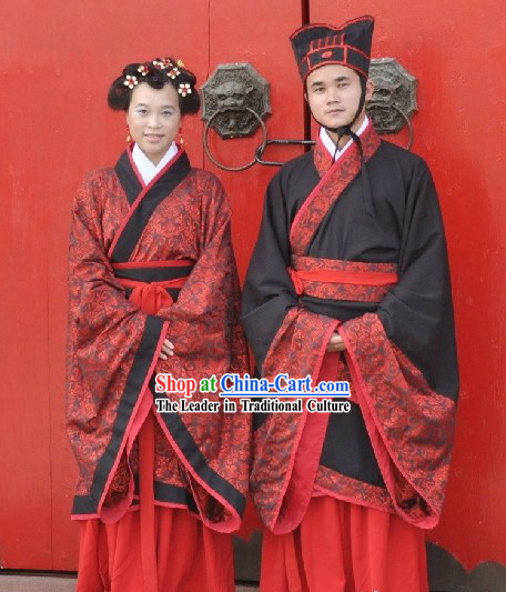 Traditional Chinese Wedding Ceremony Hanfu Dress 2 Sets for Men and Women