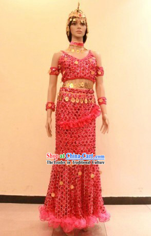 Traditional Dai Minority Ethnic Dance Costume and Headwear for Women