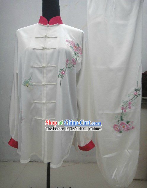 Plain White Embroidered Everflowering Rose Kung Fu Clothing Complete Set