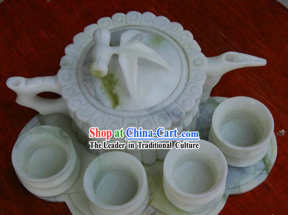 Chinese Lantian Jade Stone Bamboo Shape Teapot