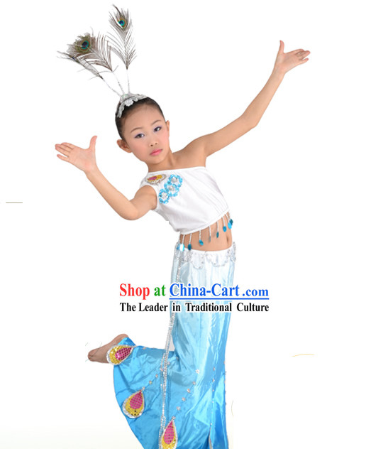 Chinese Dai Ethnic Peacock Dance Costumes and Hair Accessories for Kids