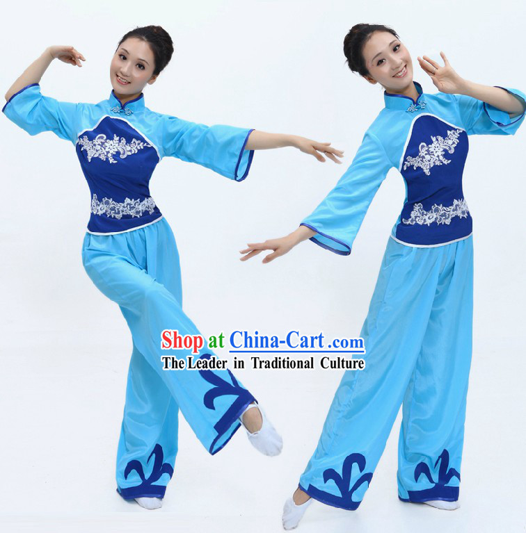 Chinese Classical Blue Folk Fan Dance Costume for Women