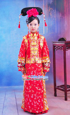 Traditional Chinese Qing Dynasty Princess Clothing and Headpiece for Children