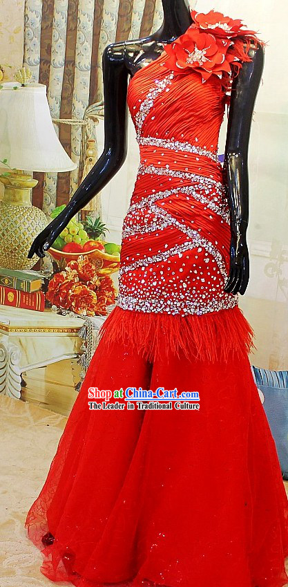 Shinning Chinese Red Wedding Evening Dress