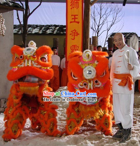 Orange Long Wool Lion Dance Mask Costumes Complete Set