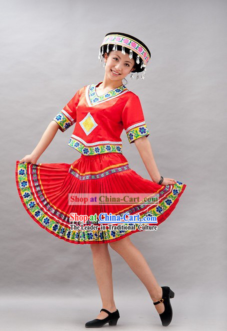 Chinese Miao Minority Stage Performance Dance Costume and Hat for Women