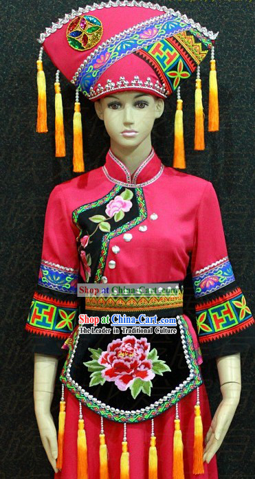 Chinese Zhuang Ethnic Clothing and Hat for Women