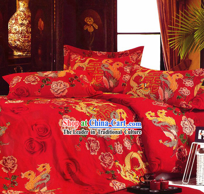 Chinese Classical Dragon and Phoenix Wedding Sheet Four Pieces Wedding Set