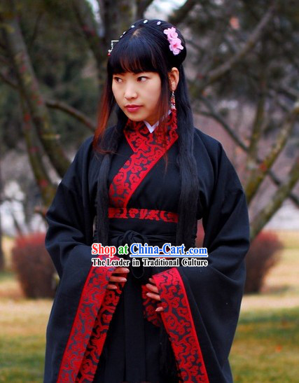 Ancient Chinese Empress Black Clothing with Embroidered Red Trim