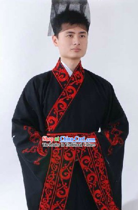 Ancient Chinese Han Dynasty Quju Embroidered Dragon Clothes and Hat for Men