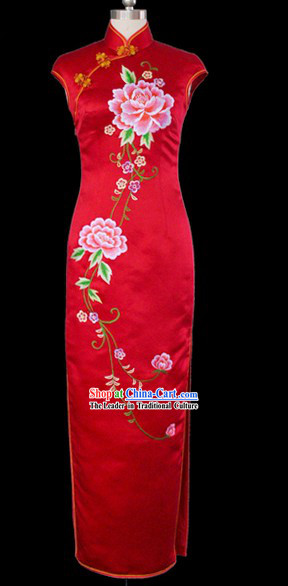 Classical Red Embroidered Peony Silk Long Cheongsam