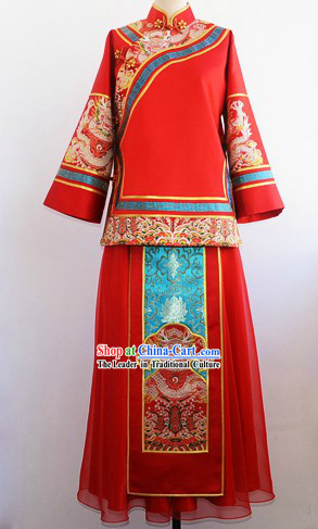 Traditional Chinese Lucky Red Dragon Wedding Suit for Lady