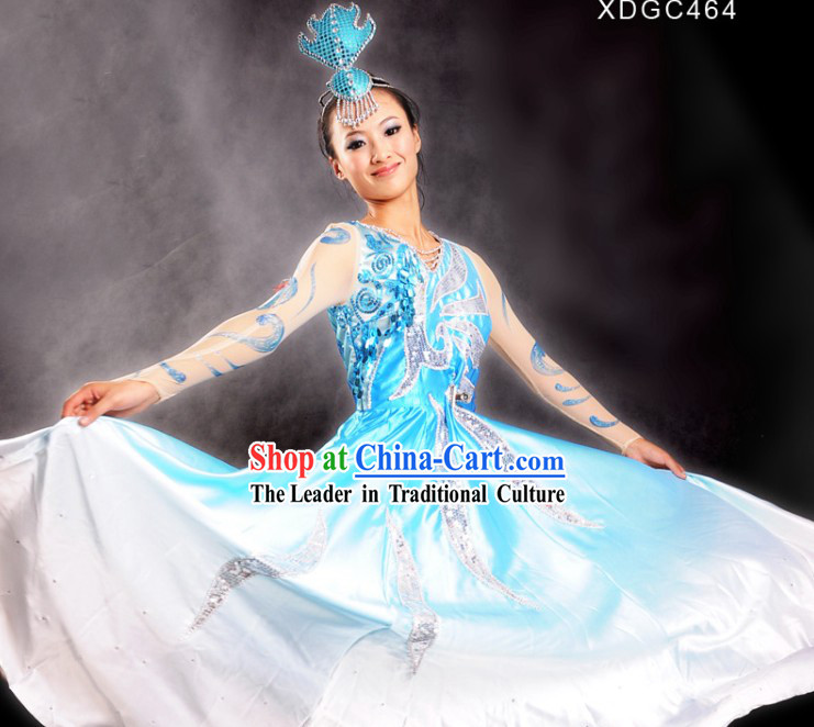 Chinese Blue Color Transition Stage Performance Opening Dance Costumes and Head Pieces