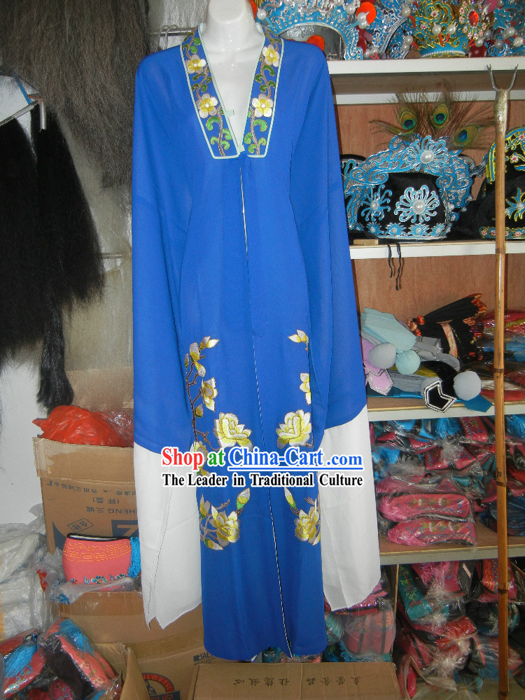 Blue Chinese Opera Stage Performance Embroidered Flower Long Robe for Men