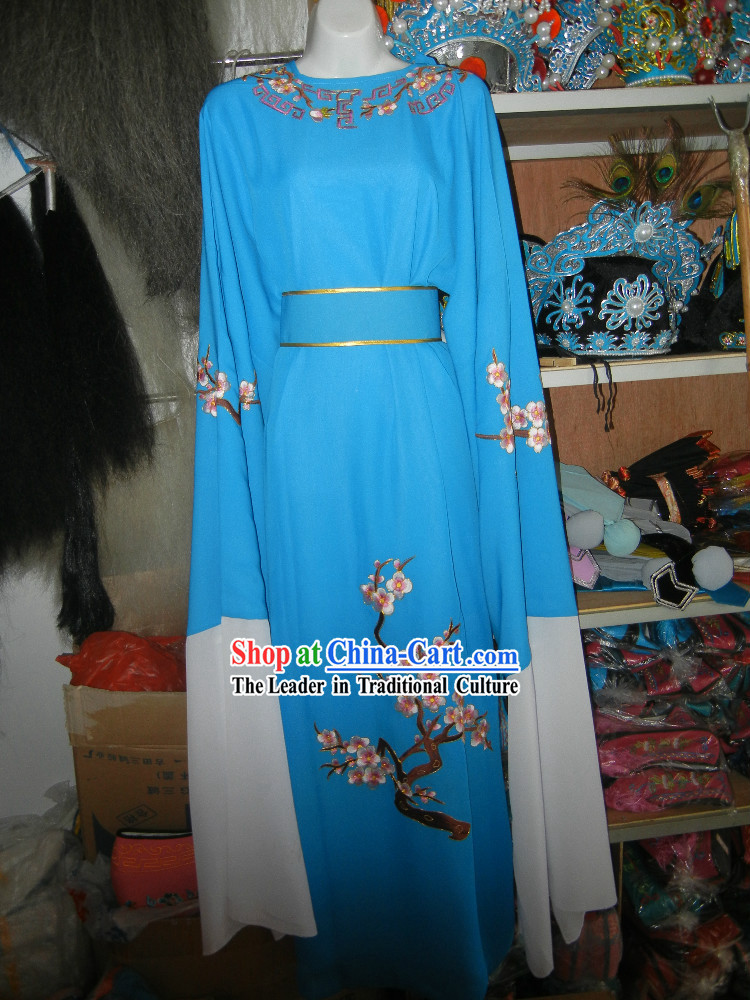 Blue Chinese Opera Stage Performance Embroidered Flower Long Robe for Men