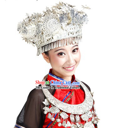 Red Chinese Miao People Clothes and Hat for Women