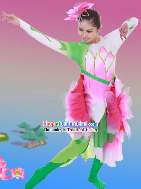 Traditional Chinese Lotus Dance Costumes and Headwear for Women