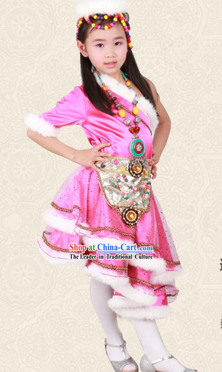 Pink Chinese Tibetan Minority Dance Costume and Headwear for Children