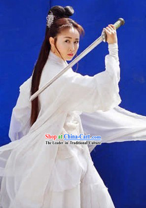 Ancient Chinese White Swordsman Costumes and Headwear for Women