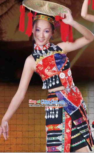 Traditional Chinese Dai Dresses and Hat Complete Set for Women