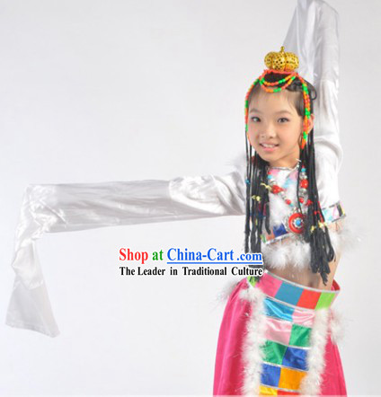 Chinese Tibetan Festival Celebration Dance Costumes and Headdress Complete Set for Kids