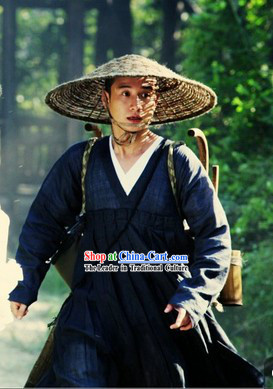 Bai She Legend Deep Blue Monk Robe and Bamboo Hat for Men