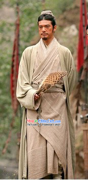 Ancient Chinese Wise Zhu Ge Liang Costume and Feather Fan for Men