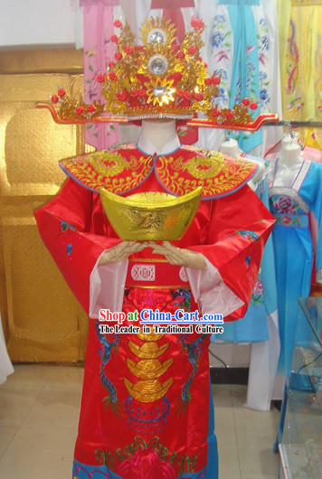 Traditional Chinese Red and Golden Cai Shen Outfit and Hat Complete Set