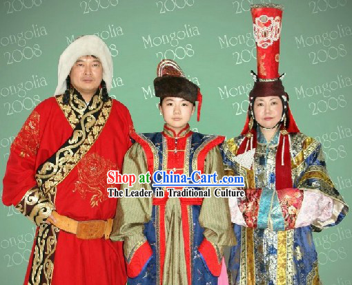 Traditional Mongolian Mother Father and Son Clothing Three Complete Sets