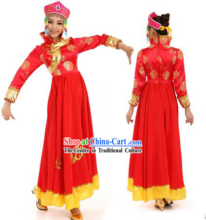 Red Mongolian Dance Costume and Hat for Women